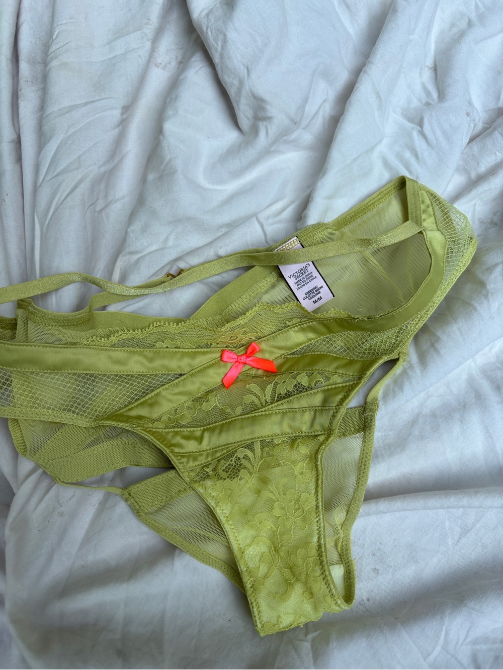 Victoria's Secret Lime Green Lace Cheekie Thong Neon Pink Bow Strappy Panties M